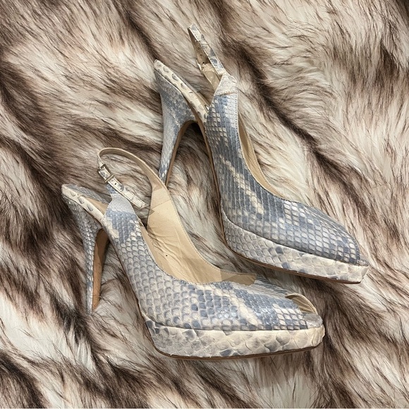 Jimmy Choo | FROSTED PYTHON WHITE Peep Toe Stilettos | Size 39 | 9.5 - Picture 2 of 10